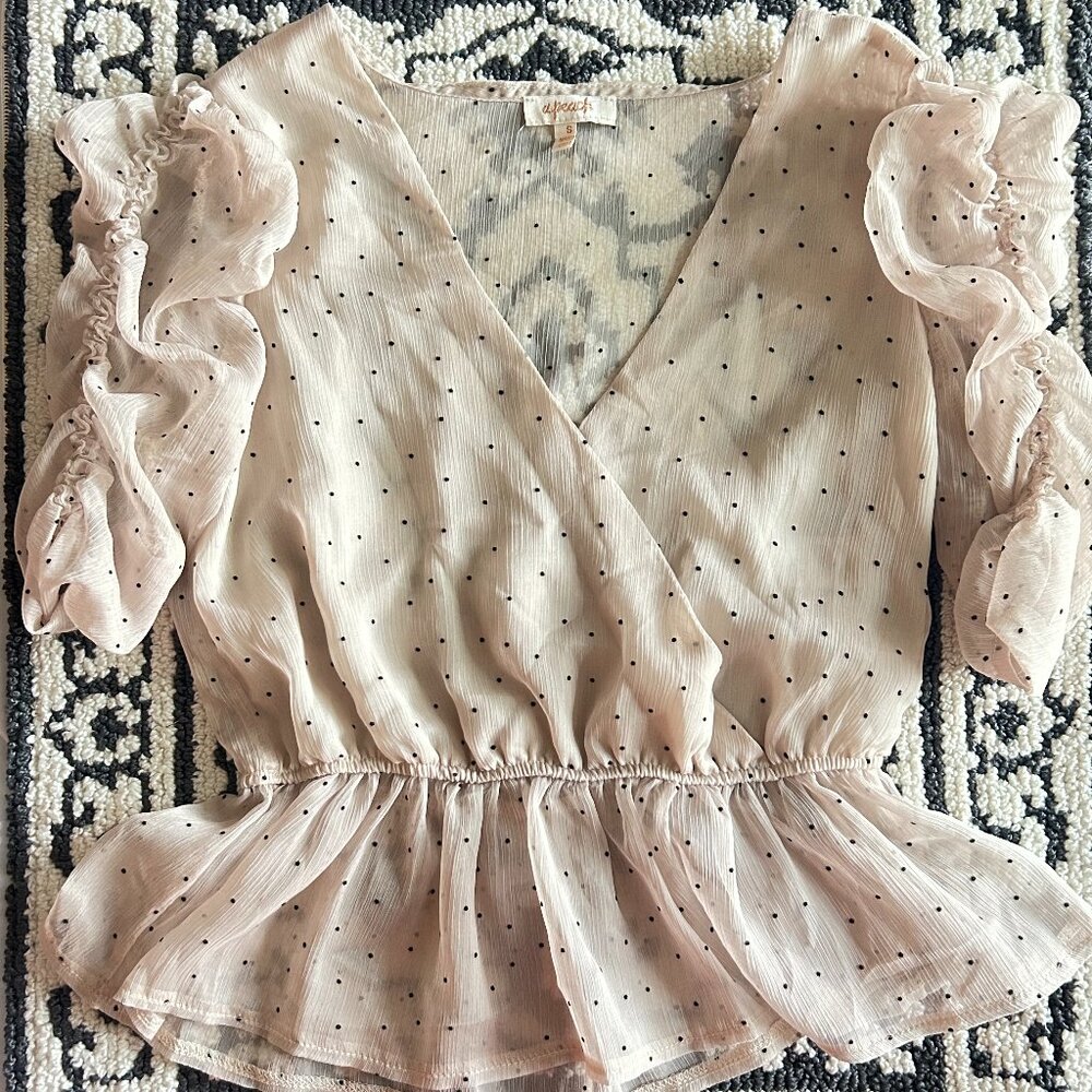 A Peach Sheer Puff Ruched Half Sleeve Polka Dot Top